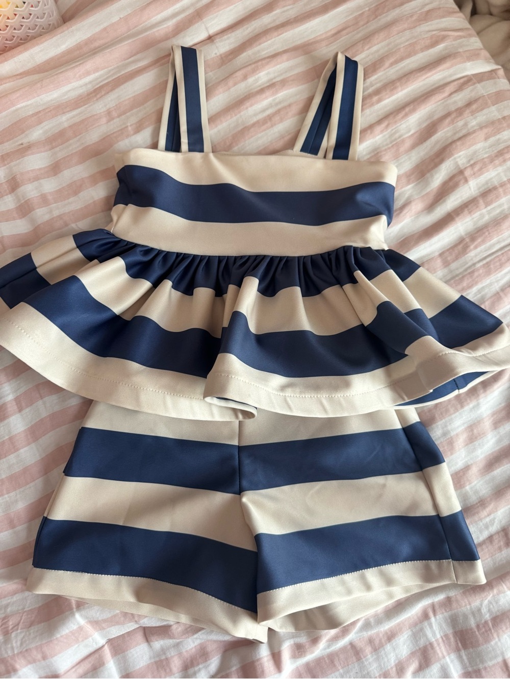 Navy and Cream Striped Peplum Tank & Shorts Set - Kids